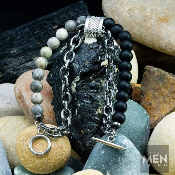 बीडफ्यूजन ग्रे - पुरुषों के लिए प्राकृतिक मोती कंगन - पैसे चुंबक बनें - प्राकृतिक फ्लैश स्टोन रंगीन 7 चक्र ऊर्जा खिंचाव कंगन (8 इंच)