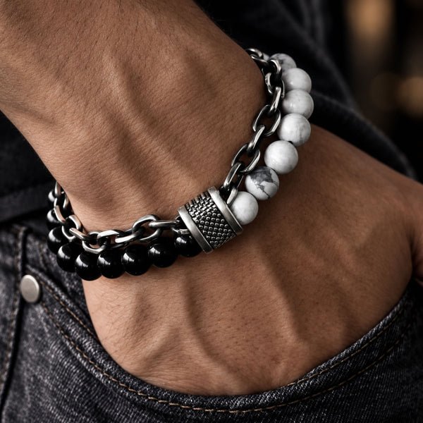 BEADFUSION WHITE - Natural Beads Bracelet for Men - Become Money Magnet - Natural Volcanic Stone Colorful 7 Chakra Energy Stretch Bracelet (8inch)