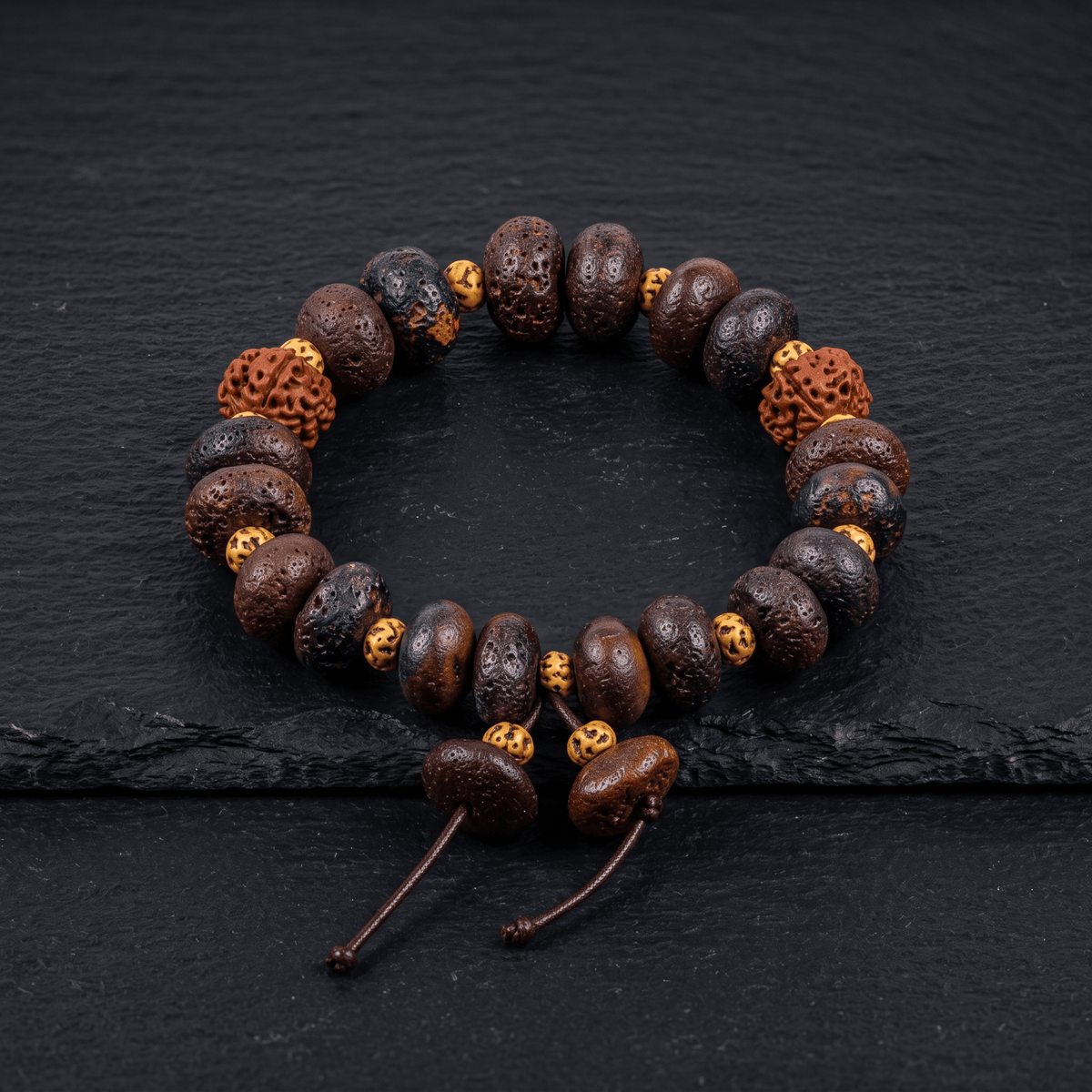 THE MEN THING Bead Bracelet BODHI SEED - 15mm Wooden Beads Bracelet with Natural Stone - Adjustable Bracelet