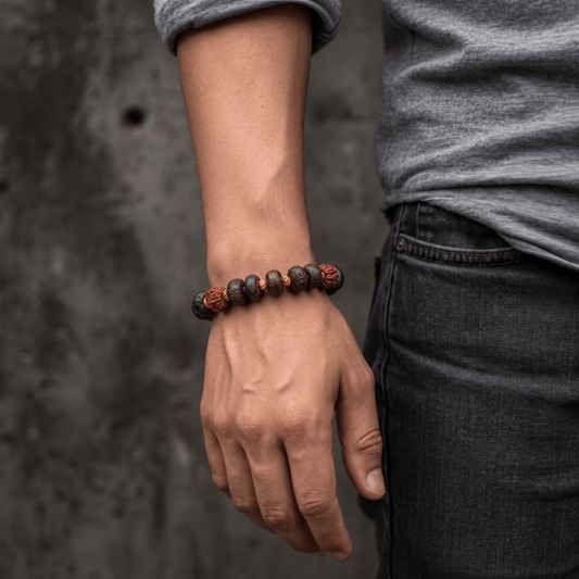 THE MEN THING Bead Bracelet BODHI SEED - 15mm Wooden Beads Bracelet with Natural Stone - Adjustable Bracelet