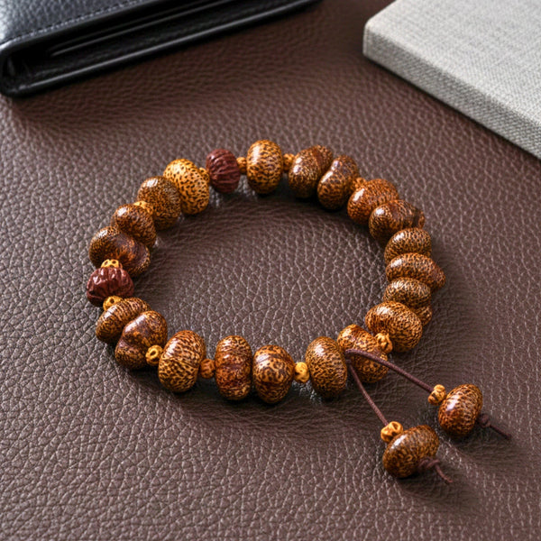 BODHI SEED - 16mm Wooden Beads Bracelet with Natural Stone - Adjustable Bracelet