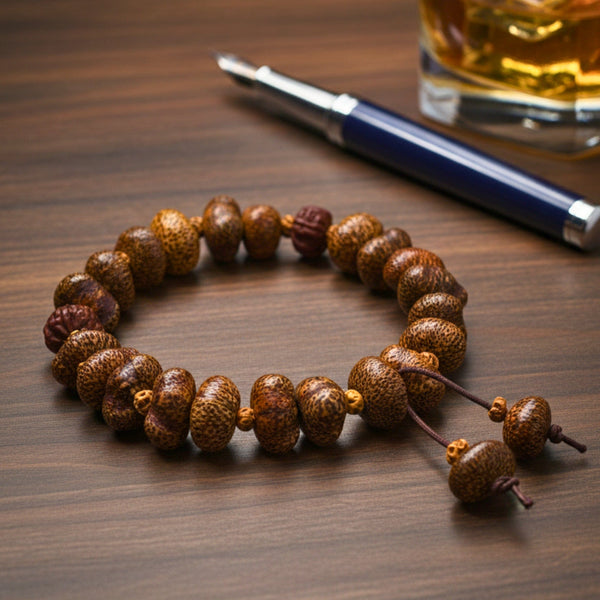 BODHI SEED - 16mm Wooden Beads Bracelet with Natural Stone - Adjustable Bracelet