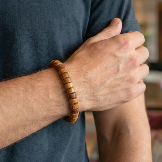 THE MEN THING Bead Bracelet CEDAR CORE  - 10mm Wooden Beads Bracelet with Natural Stone - Adjustable Bracelet