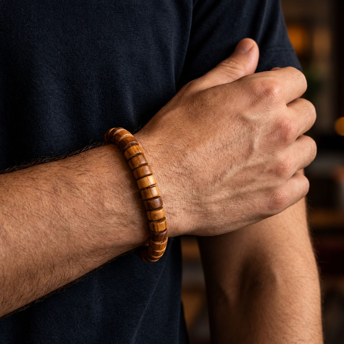 THE MEN THING Bead Bracelet CEDAR CORE  - 10mm Wooden Beads Bracelet with Natural Stone - Adjustable Bracelet