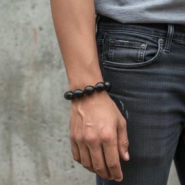 COCOSOUL - 17mm Wooden Beads Bracelet with Natural Stone - Adjustable Bracelet