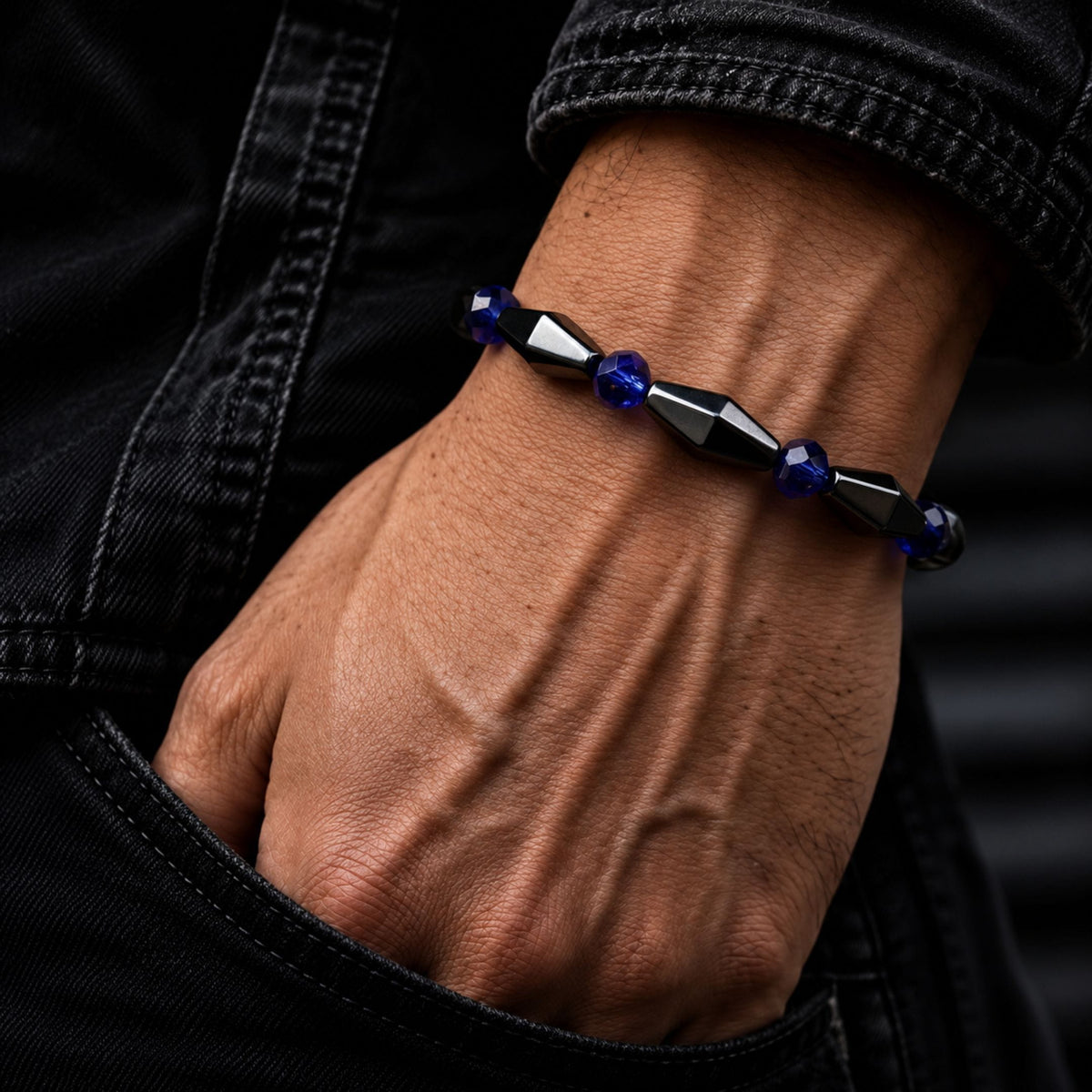 THE MEN THING Bead Bracelet CONE SHAPE BLUE  - Beads Bracelet with Natural Stone - "7" inch Stretch Bracelet for Men & Boys