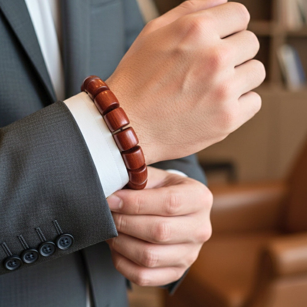 THE MEN THING Bead Bracelet CRIMSON TIMBER - 16mm Wooden Beads Bracelet with Natural Stone - Adjustable Bracelet