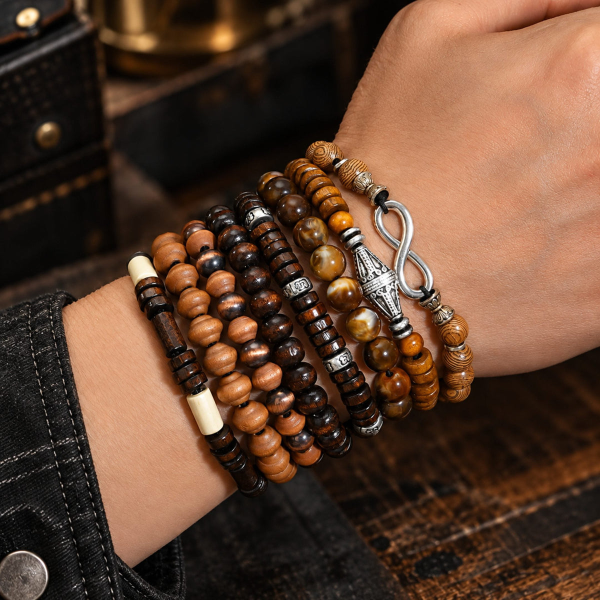 THE MEN THING Bead Bracelet DAMRU INFINITY - 8 Pcs Genuine Beads Adjustable Bracelet for Men & Boys