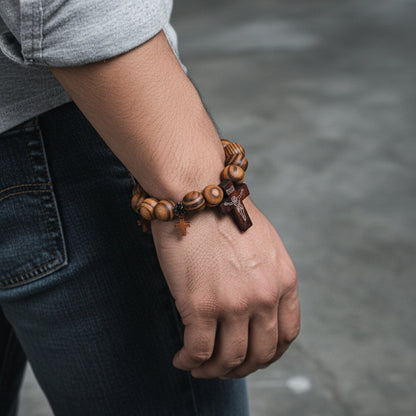THE MEN THING Bead Bracelet DIVINEWOOD ROSARY  - 14mm Wooden Beads Bracelet with Natural Stone - Adjustable Bracelet