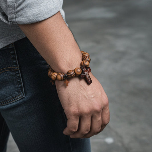 THE MEN THING Bead Bracelet DIVINEWOOD ROSARY  - 14mm Wooden Beads Bracelet with Natural Stone - Adjustable Bracelet