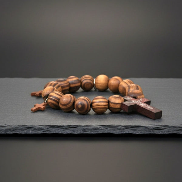 DIVINEWOOD ROSARY  - 14mm Wooden Beads Bracelet with Natural Stone - Adjustable Bracelet