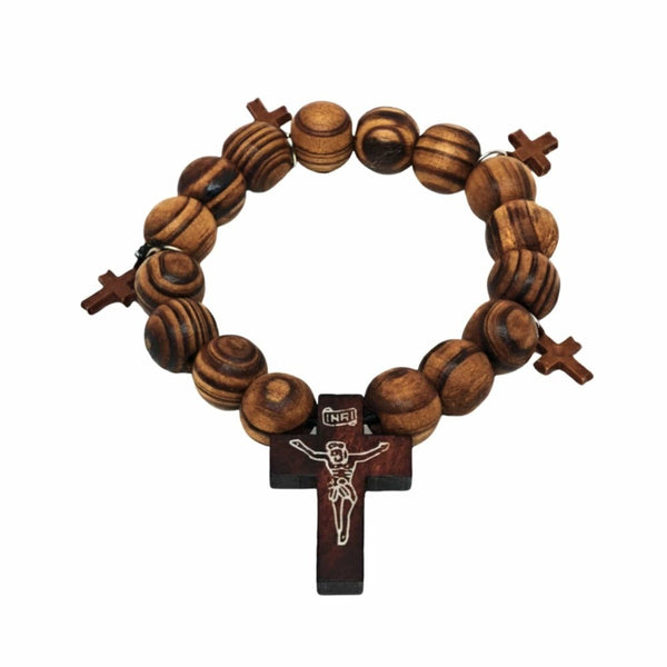 DIVINEWOOD ROSARY  - 14mm Wooden Beads Bracelet with Natural Stone - Adjustable Bracelet