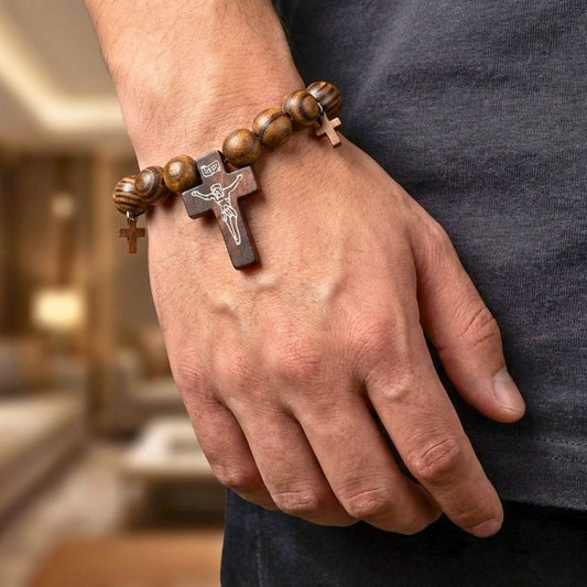 THE MEN THING Bead Bracelet DIVINEWOOD ROSARY  - 14mm Wooden Beads Bracelet with Natural Stone - Adjustable Bracelet