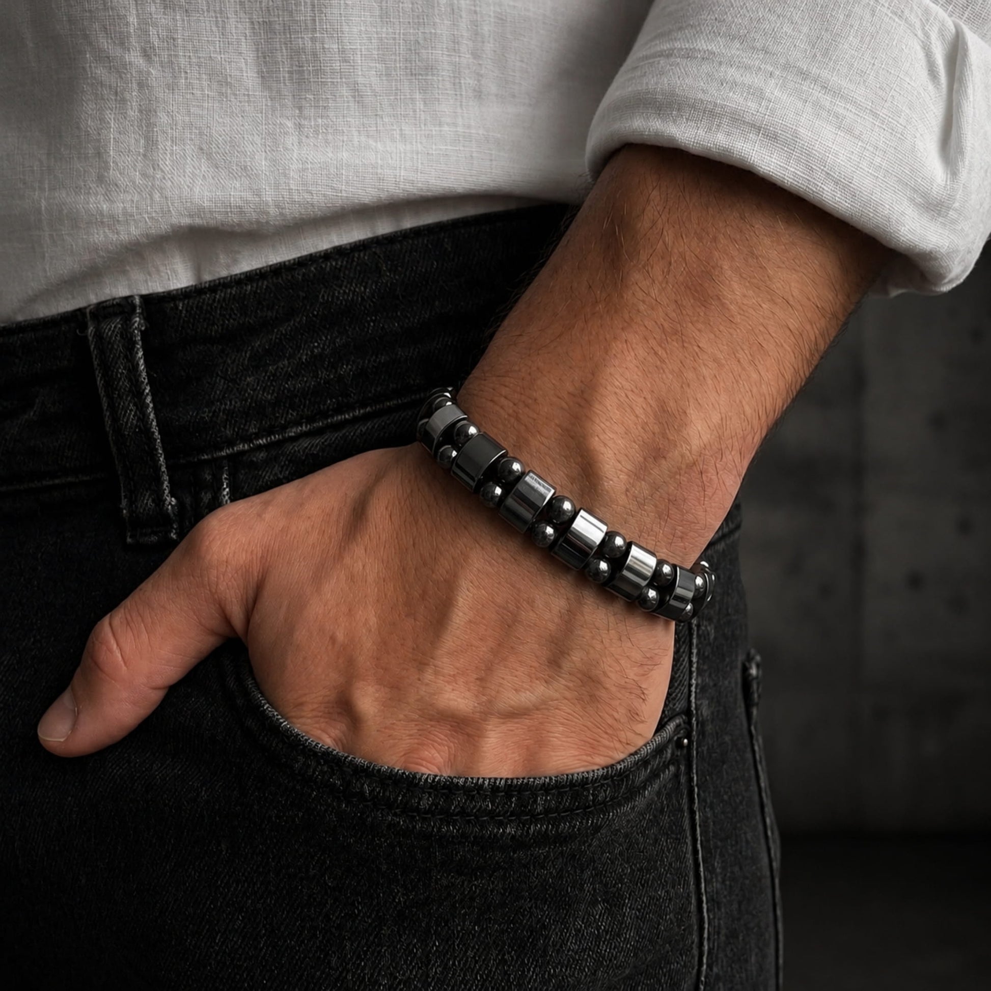 THE MEN THING Bead Bracelet DOUBLE HEMATITE - Beads Bracelet with Natural Stone - "7" inch Stretch Bracelet for Men & Boys
