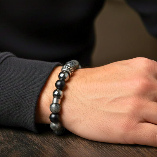 THE MEN THING Bead Bracelet GREYHAWK - 12mm Beads Bracelet with Natural Stone - Adjustable Bracelet