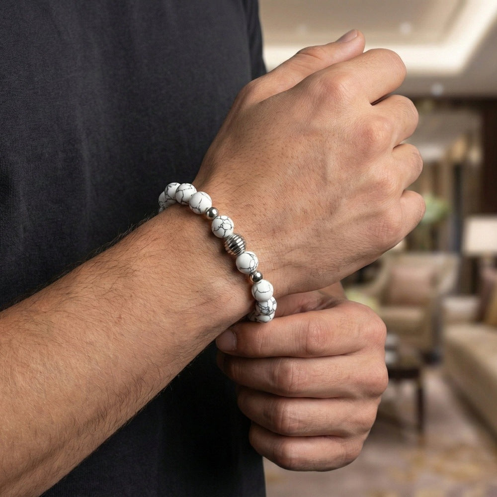 THE MEN THING Bead Bracelet HOWLITE - 12mm Beads Bracelet with Natural Stone - Adjustable Bracelet