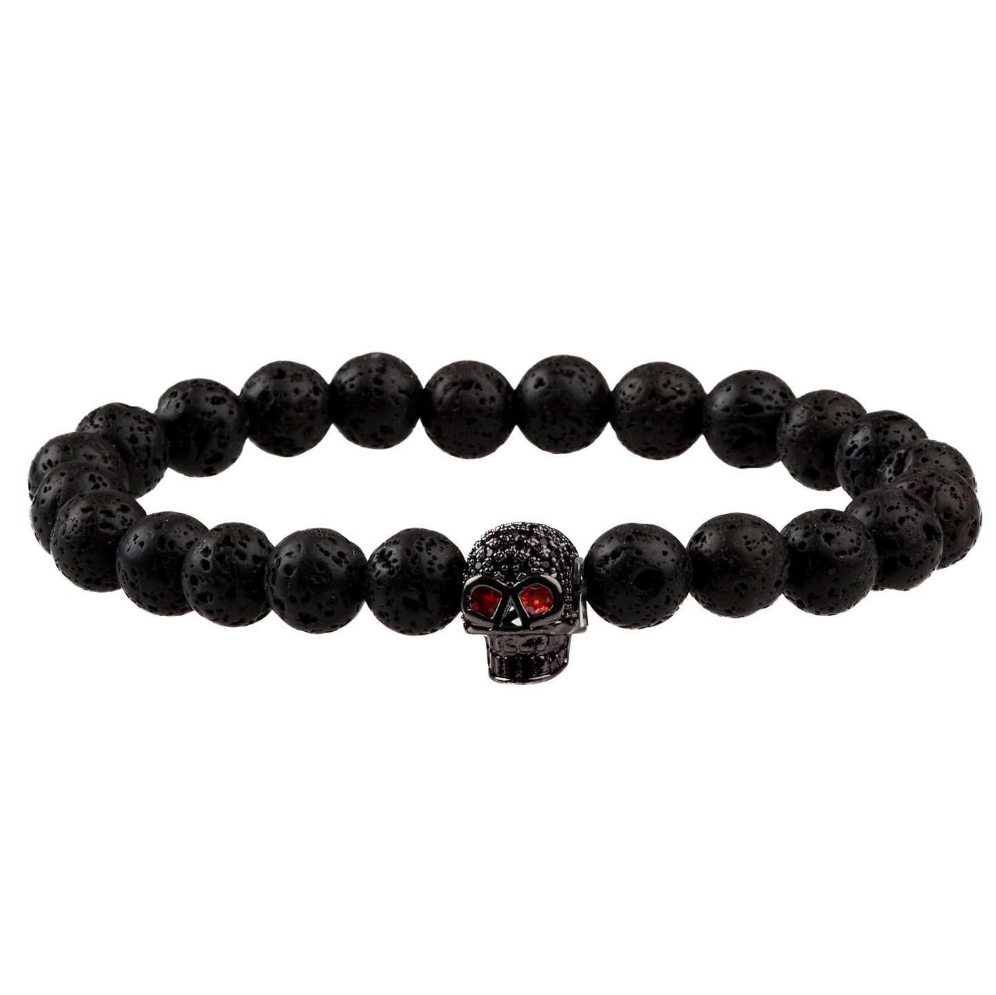 THE MEN THING Bead Bracelet INTERNO BLACK SKULL - Natural Beads Bracelet - Oxy Black Toned Skull with Red Stone in Eyes (7inch)
