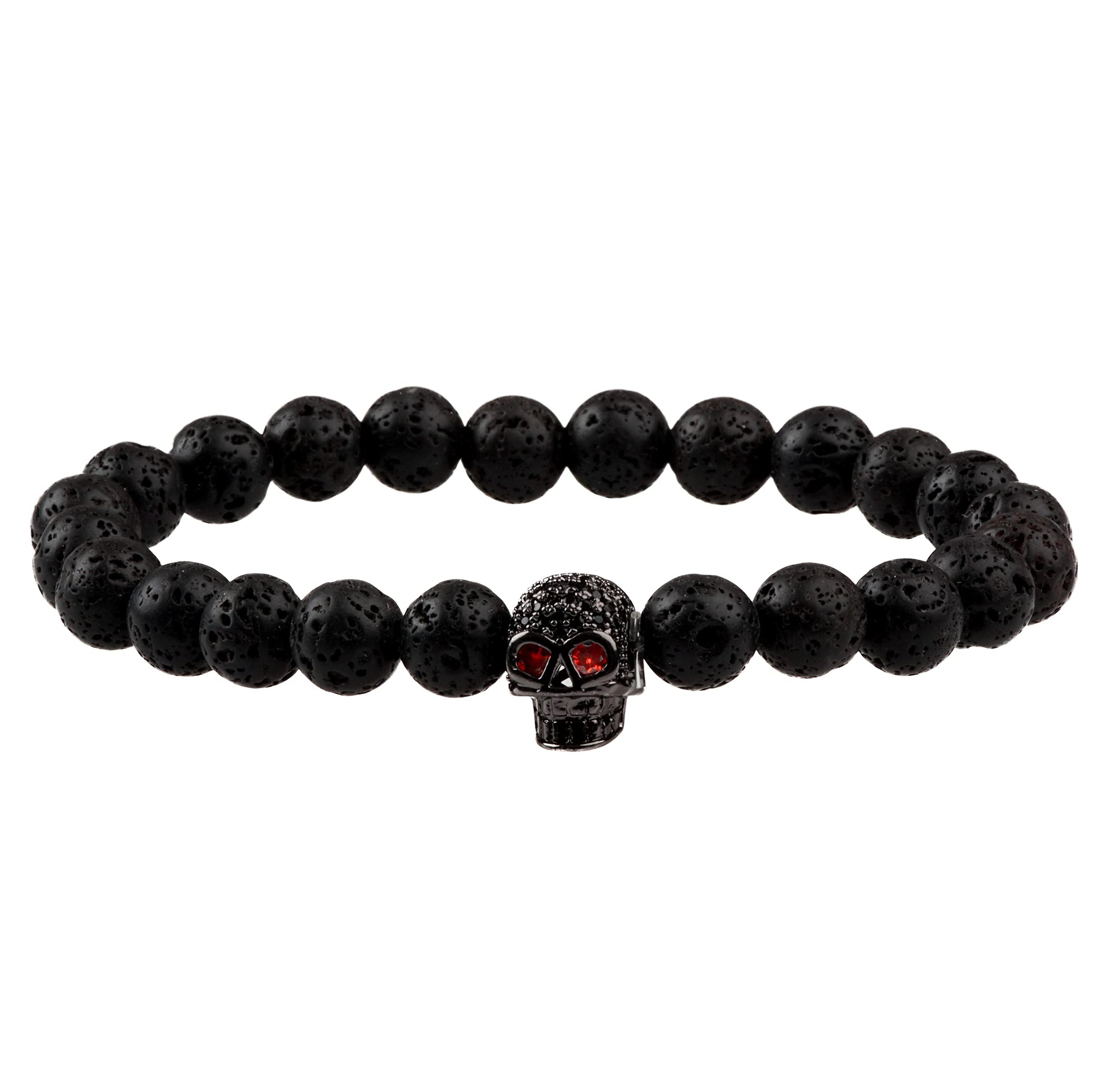 THE MEN THING Bead Bracelet INTERNO BLACK SKULL - Natural Beads Bracelet - Oxy Black Toned Skull with Red Stone in Eyes (7inch)