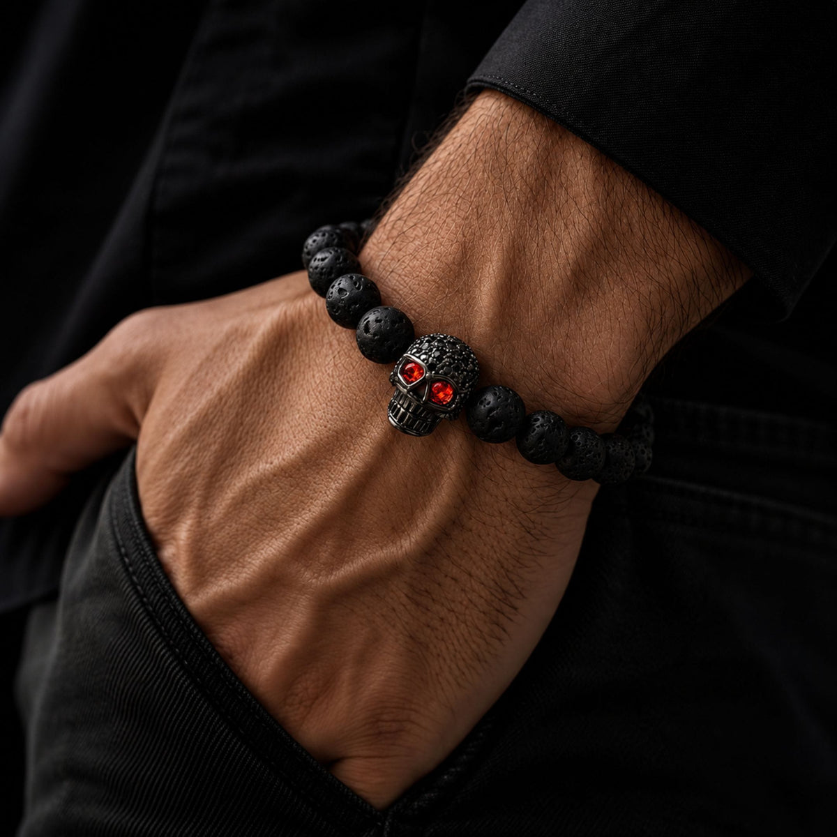 THE MEN THING Bead Bracelet INTERNO BLACK SKULL - Natural Beads Bracelet - Oxy Black Toned Skull with Red Stone in Eyes (7inch)