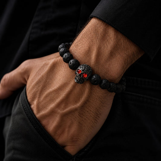 THE MEN THING Bead Bracelet INTERNO BLACK SKULL - Natural Beads Bracelet - Oxy Black Toned Skull with Red Stone in Eyes (7inch)