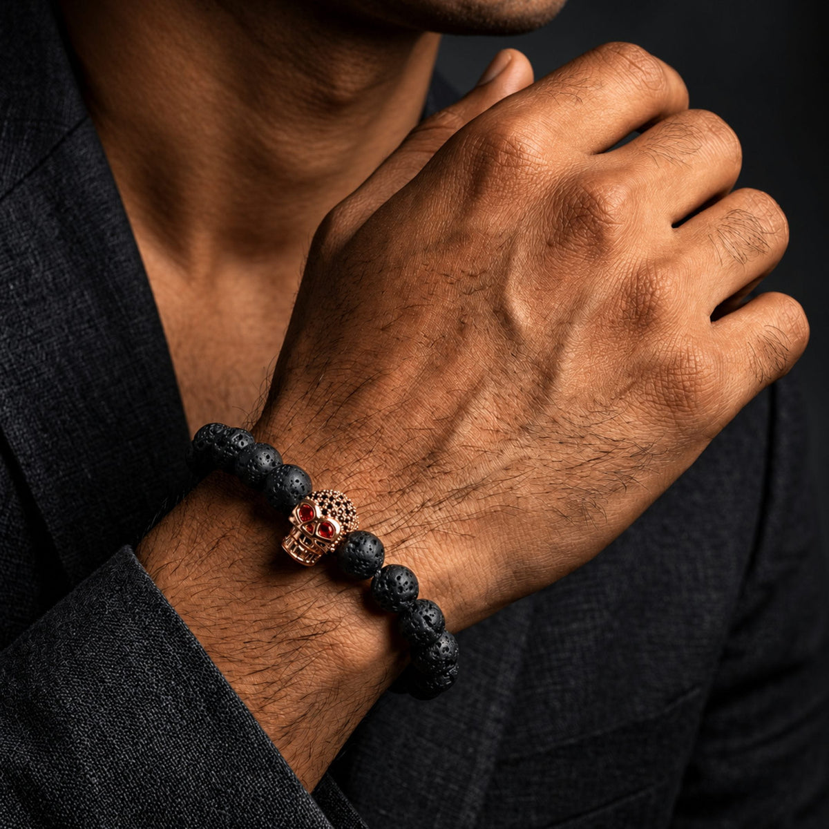 THE MEN THING Bead Bracelet INTERNO SKULL -  Natural Beads Bracelet - Rose Gold Toned Skull with Red Stone in Eyes  (7inch)