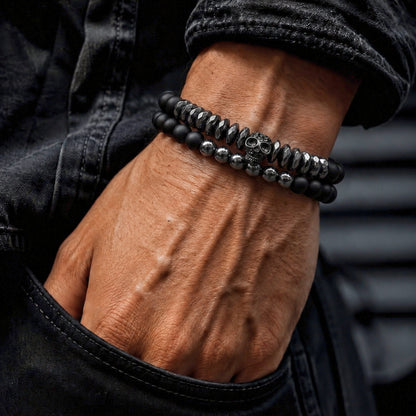 THE MEN THING Bead Bracelet LAVA EMBRACE SKUL DUO- Black Silver tone -  Beads Bracelet with Natural Volcanic Stone - 7inch Stretch Bracelet