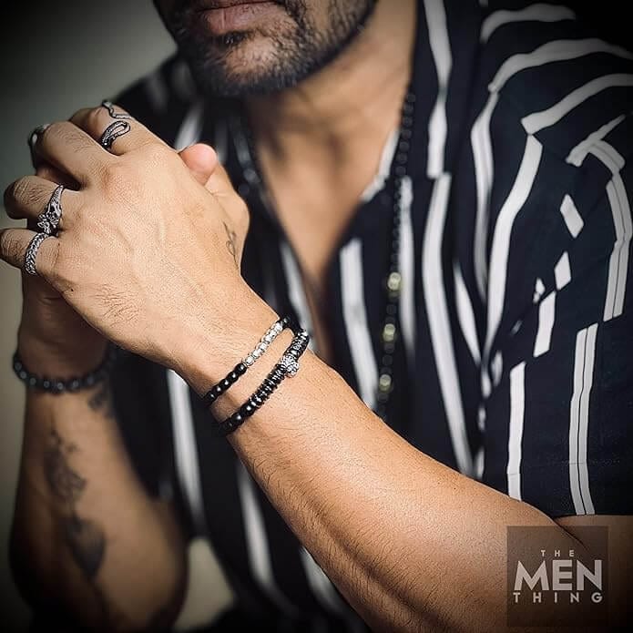 THE MEN THING Bead Bracelet LAVA SKULL DOUBLE TROUBLE - Super Stylish Beads Bracelet with Natural Volcanic Stone - 7inch Stretch Bracelet