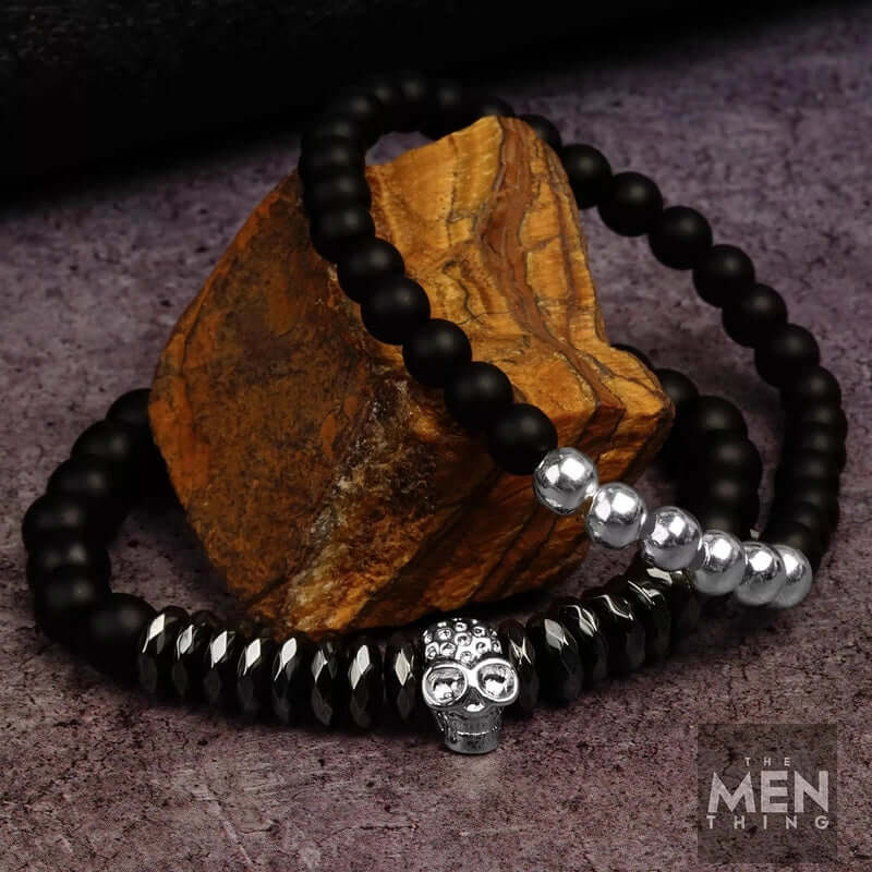 THE MEN THING Bead Bracelet LAVA SKULL DOUBLE TROUBLE - Super Stylish Beads Bracelet with Natural Volcanic Stone - 7inch Stretch Bracelet