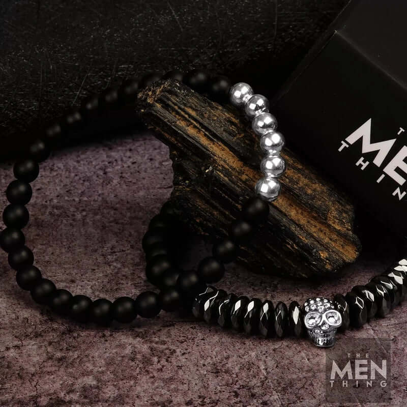 THE MEN THING Bead Bracelet LAVA SKULL DOUBLE TROUBLE - Super Stylish Beads Bracelet with Natural Volcanic Stone - 7inch Stretch Bracelet