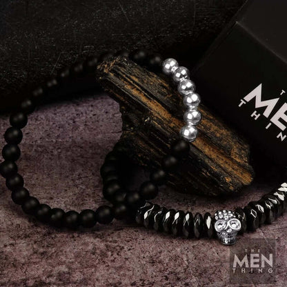 THE MEN THING Bead Bracelet LAVA SKULL DOUBLE TROUBLE - Super Stylish Beads Bracelet with Natural Volcanic Stone - 7inch Stretch Bracelet