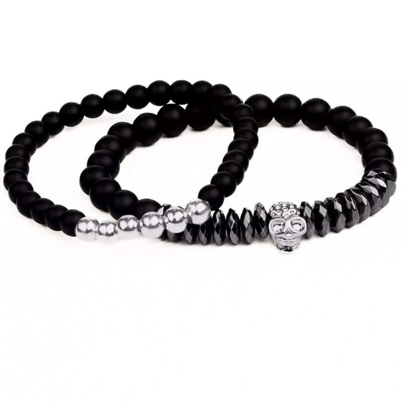 THE MEN THING Bead Bracelet LAVA SKULL DOUBLE TROUBLE - Super Stylish Beads Bracelet with Natural Volcanic Stone - 7inch Stretch Bracelet