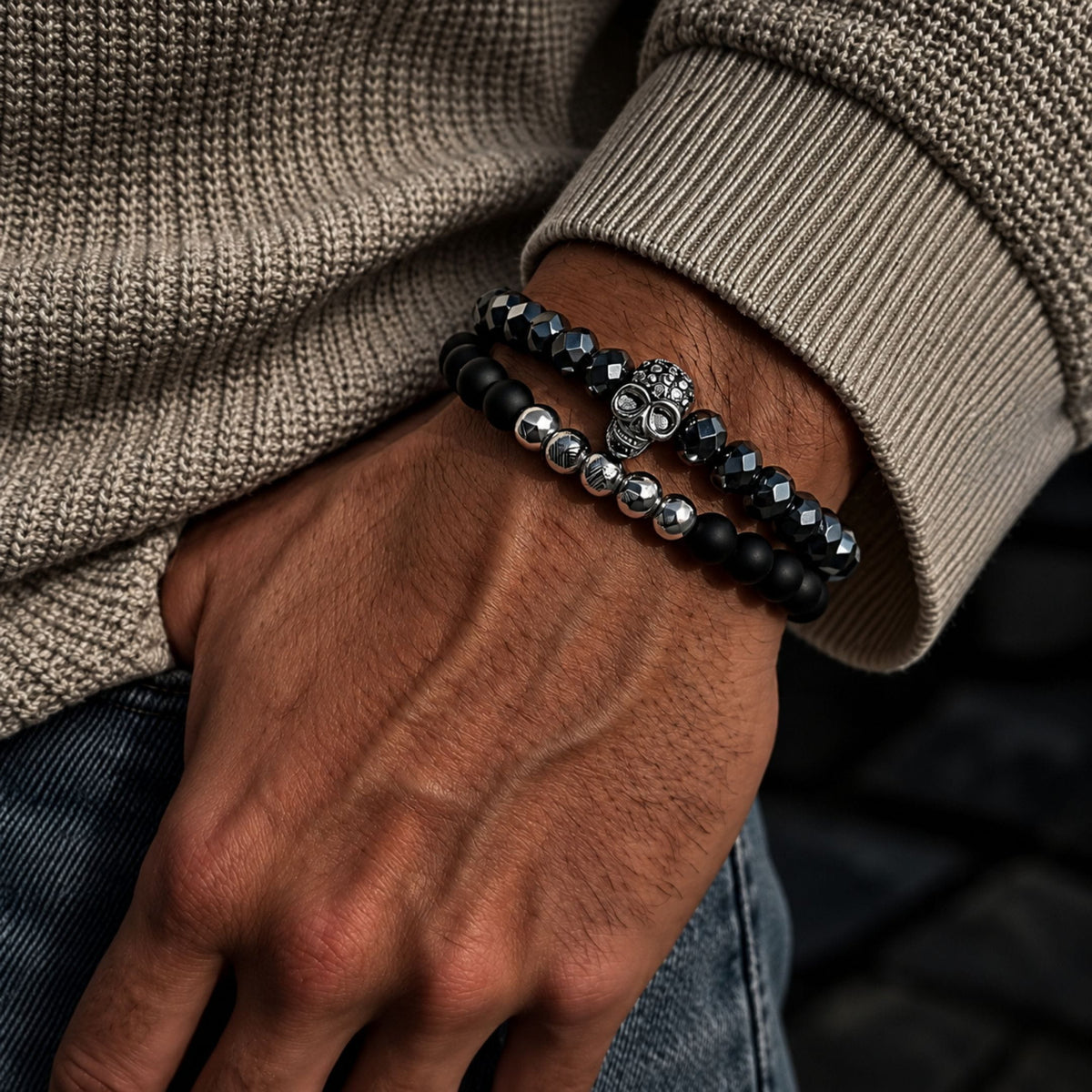 THE MEN THING Bead Bracelet LAVA SKULL DOUBLE TROUBLE - Super Stylish Beads Bracelet with Natural Volcanic Stone - 7inch Stretch Bracelet