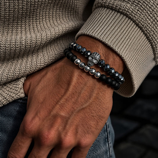 THE MEN THING Bead Bracelet LAVA SKULL DOUBLE TROUBLE - Super Stylish Beads Bracelet with Natural Volcanic Stone - 7inch Stretch Bracelet