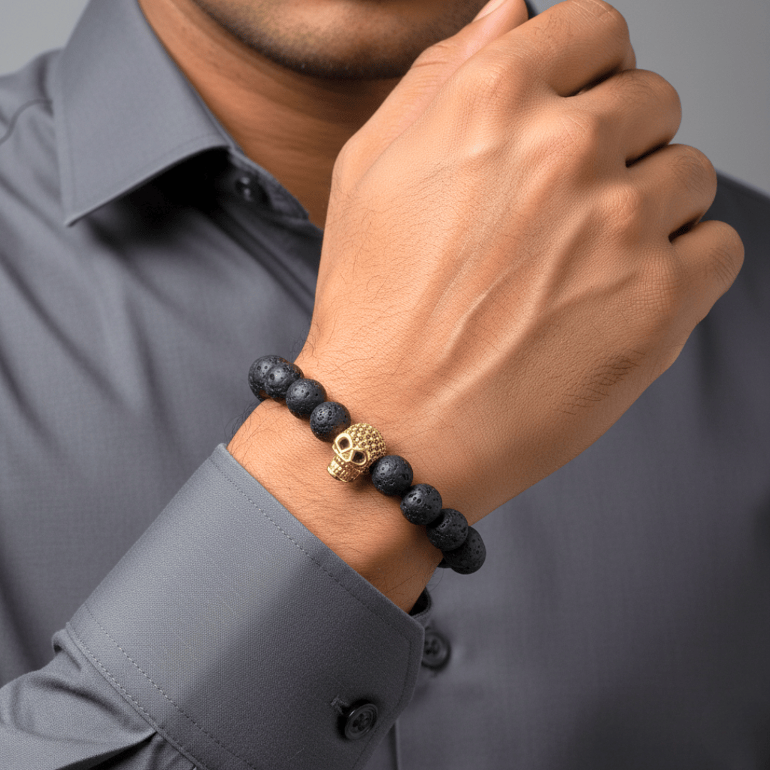 THE MEN THING Bead Bracelet LAVA SKULL GOLD TONE - Beads Bracelet with Natural Volcanic Stone - 7inch Stretch Bracelet