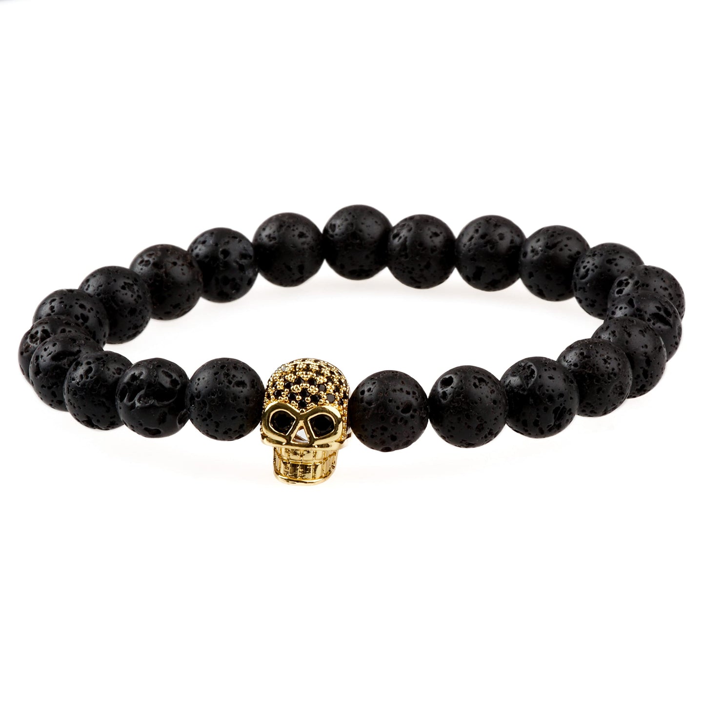 THE MEN THING Bead Bracelet LAVA SKULL GOLD TONE - Beads Bracelet with Natural Volcanic Stone - 7inch Stretch Bracelet