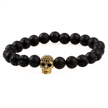 THE MEN THING Bead Bracelet LAVA SKULL GOLD TONE - Beads Bracelet with Natural Volcanic Stone - 7inch Stretch Bracelet