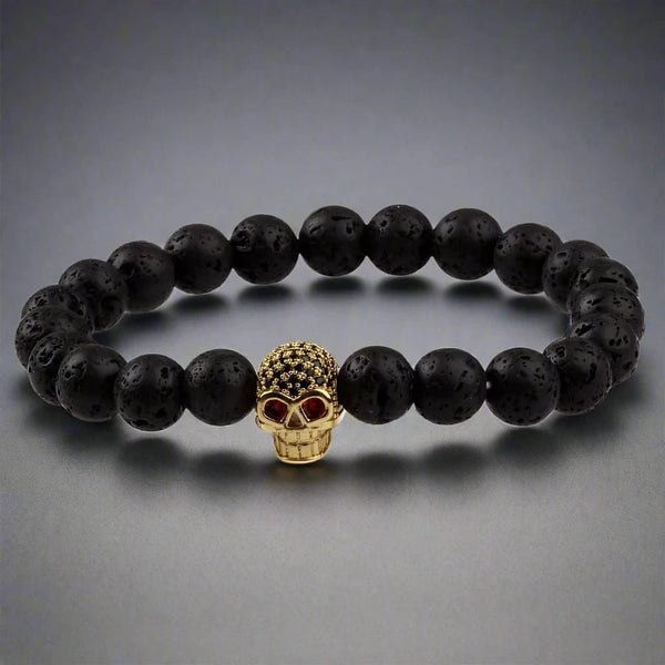 लावा खोपड़ी लाल आँख - प्राकृतिक ज्वालामुखी पत्थर के साथ मोती कंगन - 7 इंच खिंचाव कंगन