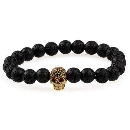 THE MEN THING Bead Bracelet LAVA SKULL RED EYE - Beads Bracelet with Natural Volcanic Stone - 7inch Stretch Bracelet