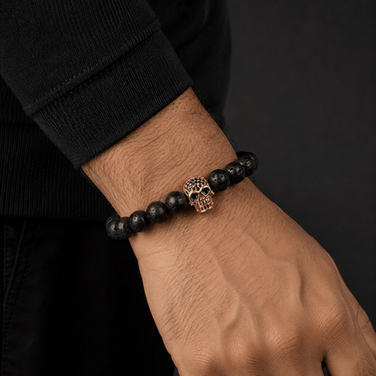THE MEN THING Bead Bracelet LAVA SKULL ROSE GOLD TONE - Beads Bracelet with Natural Volcanic Stone - 7inch Stretch Bracelet