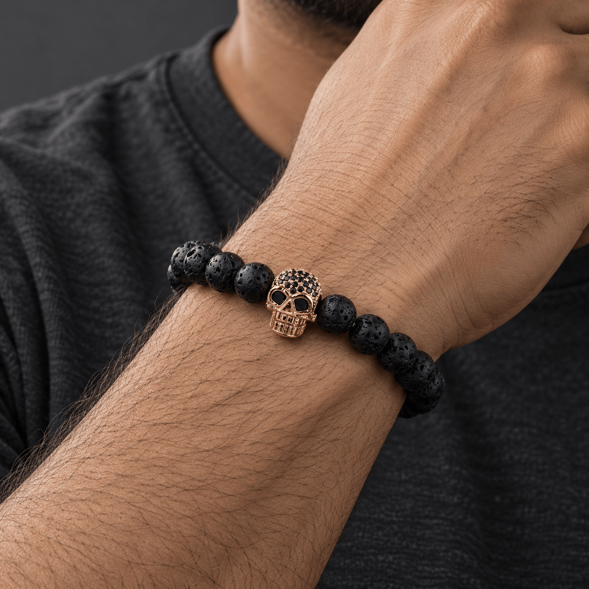 THE MEN THING Bead Bracelet LAVA SKULL ROSE GOLD TONE - Beads Bracelet with Natural Volcanic Stone - 7inch Stretch Bracelet