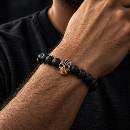 THE MEN THING Bead Bracelet LAVA SKULL ROSE GOLD TONE - Beads Bracelet with Natural Volcanic Stone - 7inch Stretch Bracelet