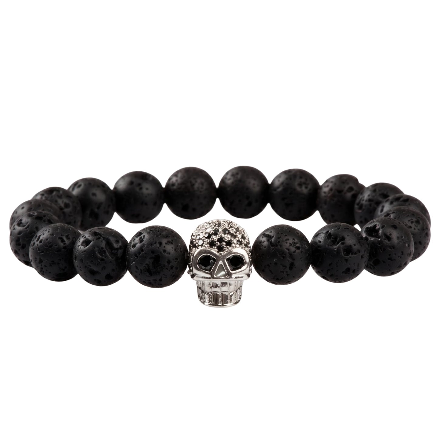 THE MEN THING Bead Bracelet LAVA SKULL SILVER TONE - Beads Bracelet with Natural Volcanic Stone - 7inch Stretch Bracelet