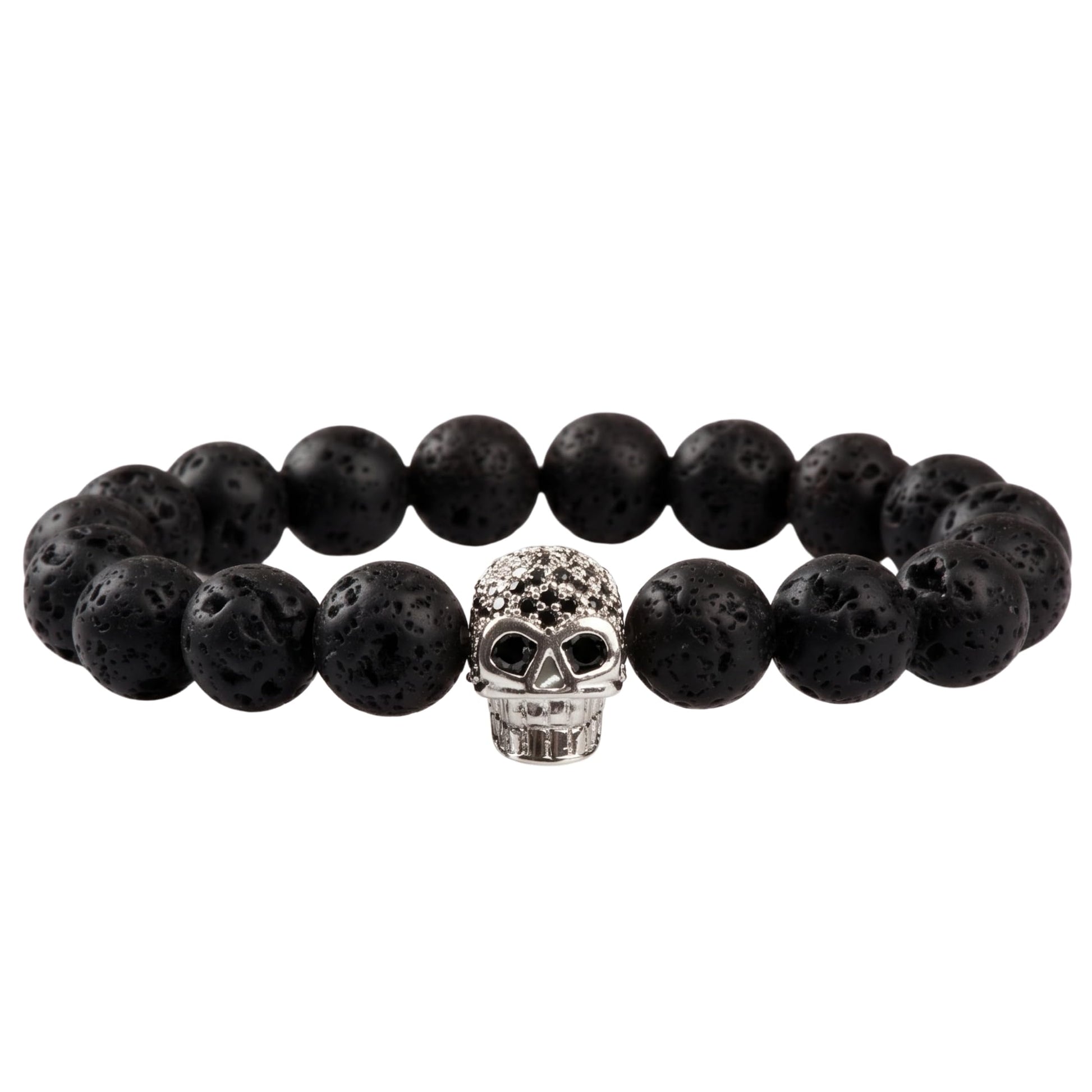 THE MEN THING Bead Bracelet LAVA SKULL SILVER TONE - Beads Bracelet with Natural Volcanic Stone - 7inch Stretch Bracelet