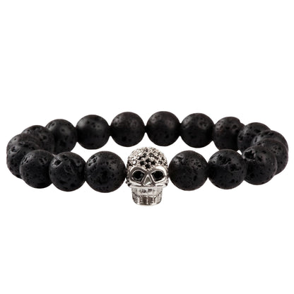 THE MEN THING Bead Bracelet LAVA SKULL SILVER TONE - Beads Bracelet with Natural Volcanic Stone - 7inch Stretch Bracelet