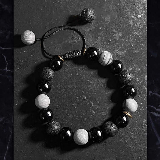 THE MEN THING Bead Bracelet MAGIC NIGHT - Beads Bracelet with Natural Stone - Stretch / Adjustable Bracelet for Men & Boys