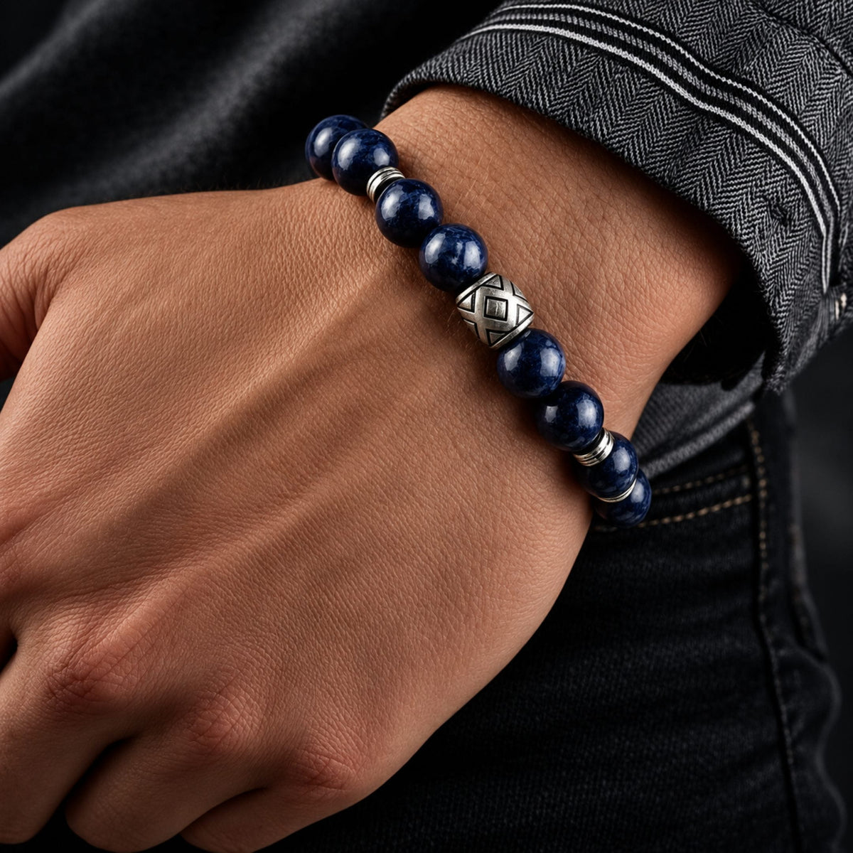 THE MEN THING Bead Bracelet MIDNIGHT NOVA - 12mm Beads Bracelet with Natural Stone - Adjustable Bracelet