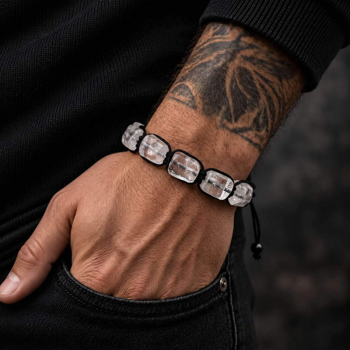 THE MEN THING Bead Bracelet MOONSTONE SQUARE - Beads Bracelet with Natural Stone - Adjustable Bracelet for Men & Boys