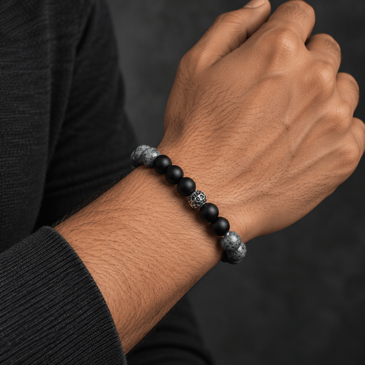 THE MEN THING Bead Bracelet MORVANE - 12mm Beads Bracelet with Natural Stone - Adjustable Bracelet