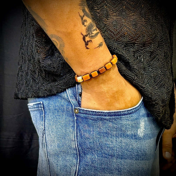 మొజాయిక్ స్క్వేర్ - సహజ రాయితో పూసల బ్రాస్‌లెట్ - పురుషులు & అబ్బాయిల కోసం సర్దుబాటు చేయగల బ్రాస్‌లెట్