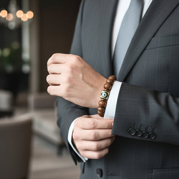 MYSTIC AXIS - 15mm Wooden Beads Bracelet with Natural Stone - Adjustable Bracelet